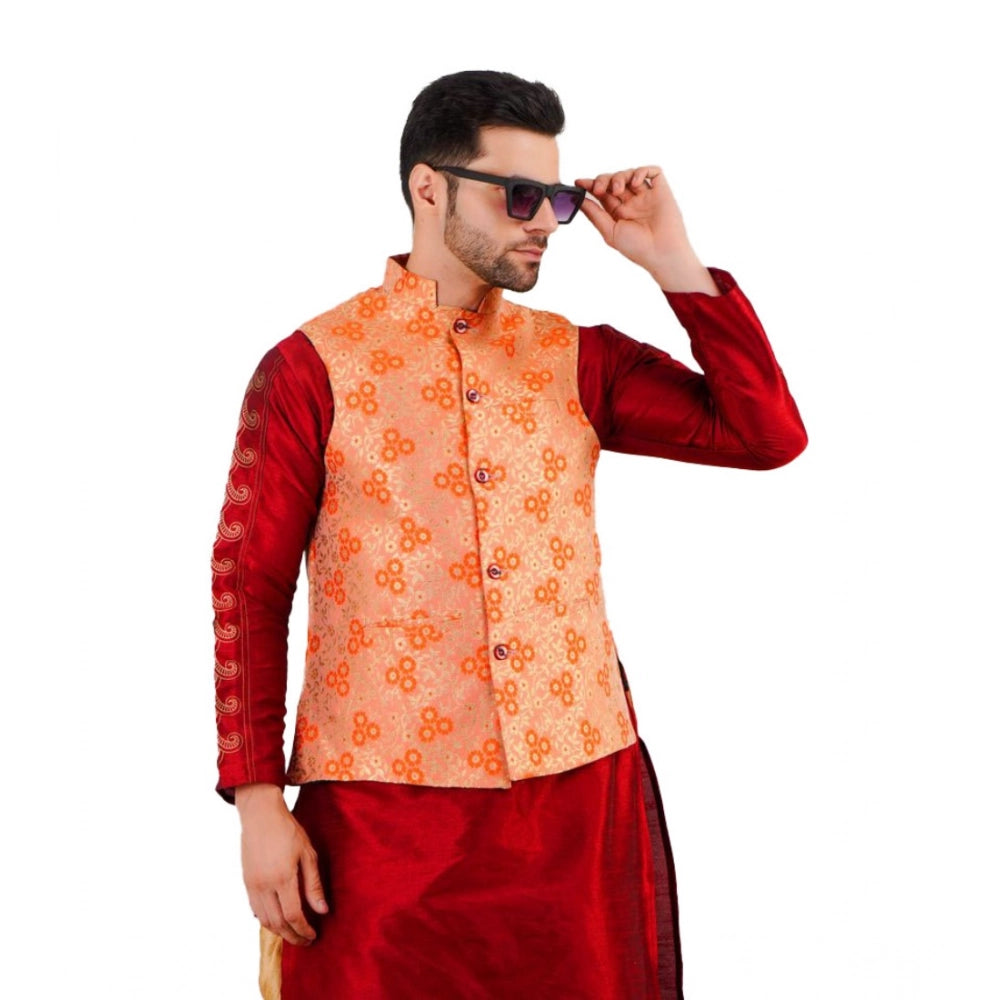 Indoraa Men's Jacquard Self-Design Sleeveless Mandarin Neck Waistcoat (Orange)