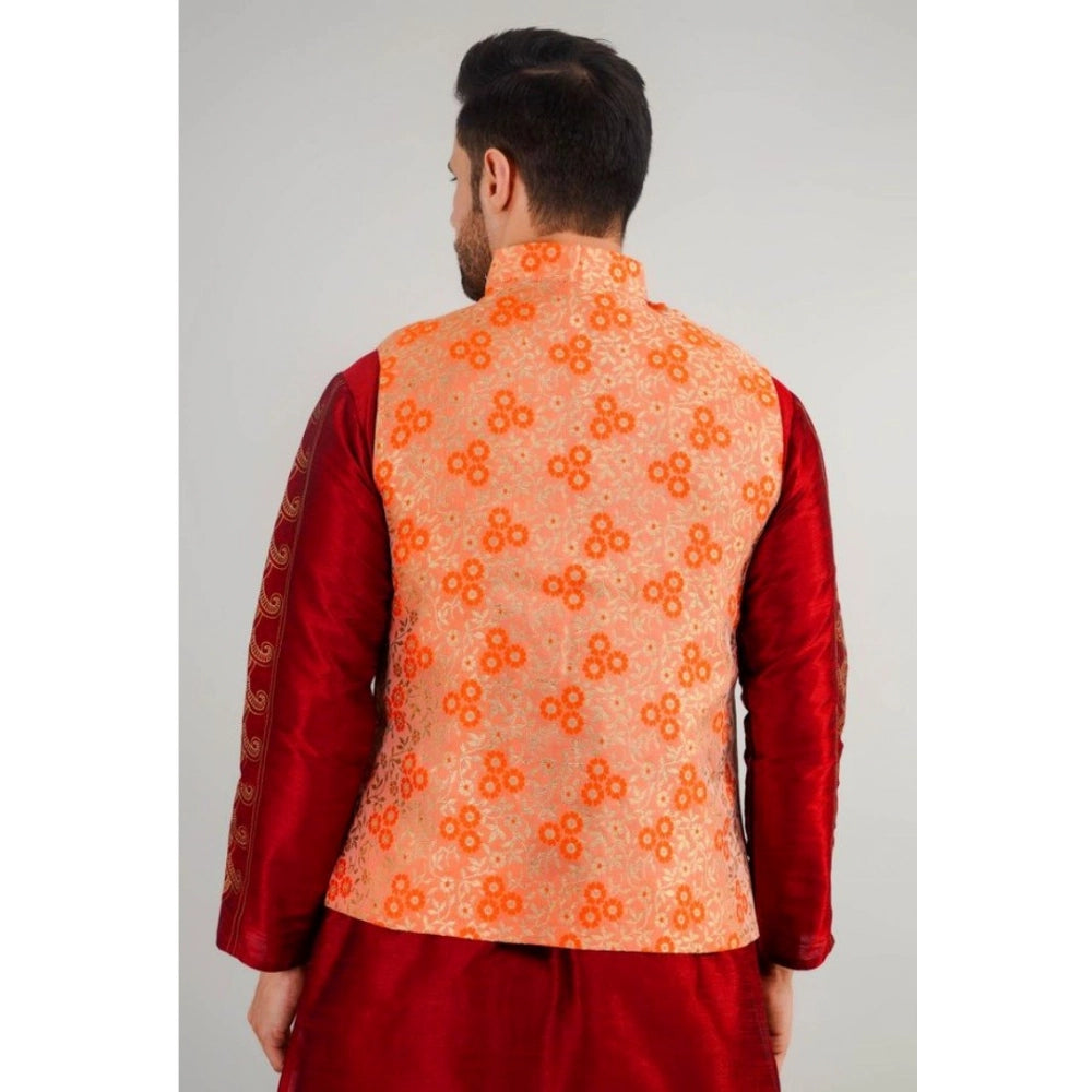 Indoraa Men's Jacquard Self-Design Sleeveless Mandarin Neck Waistcoat (Orange)