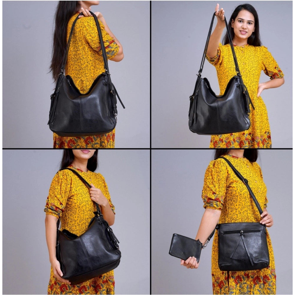 indoraa Women's PU Leather Medium Shoulder Zipper Handbag (Black)