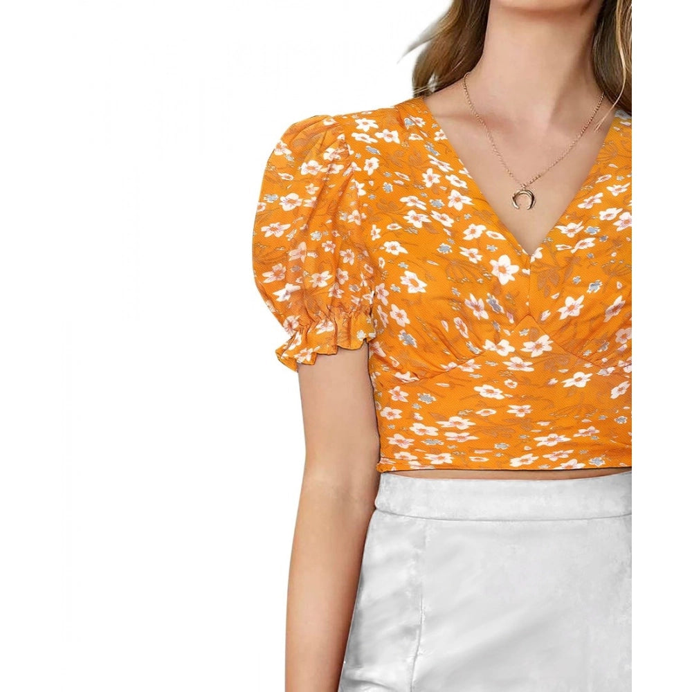 Indoraa Women's Knitting Printed V-Neck Puff Sleeve Tops (Yellow)