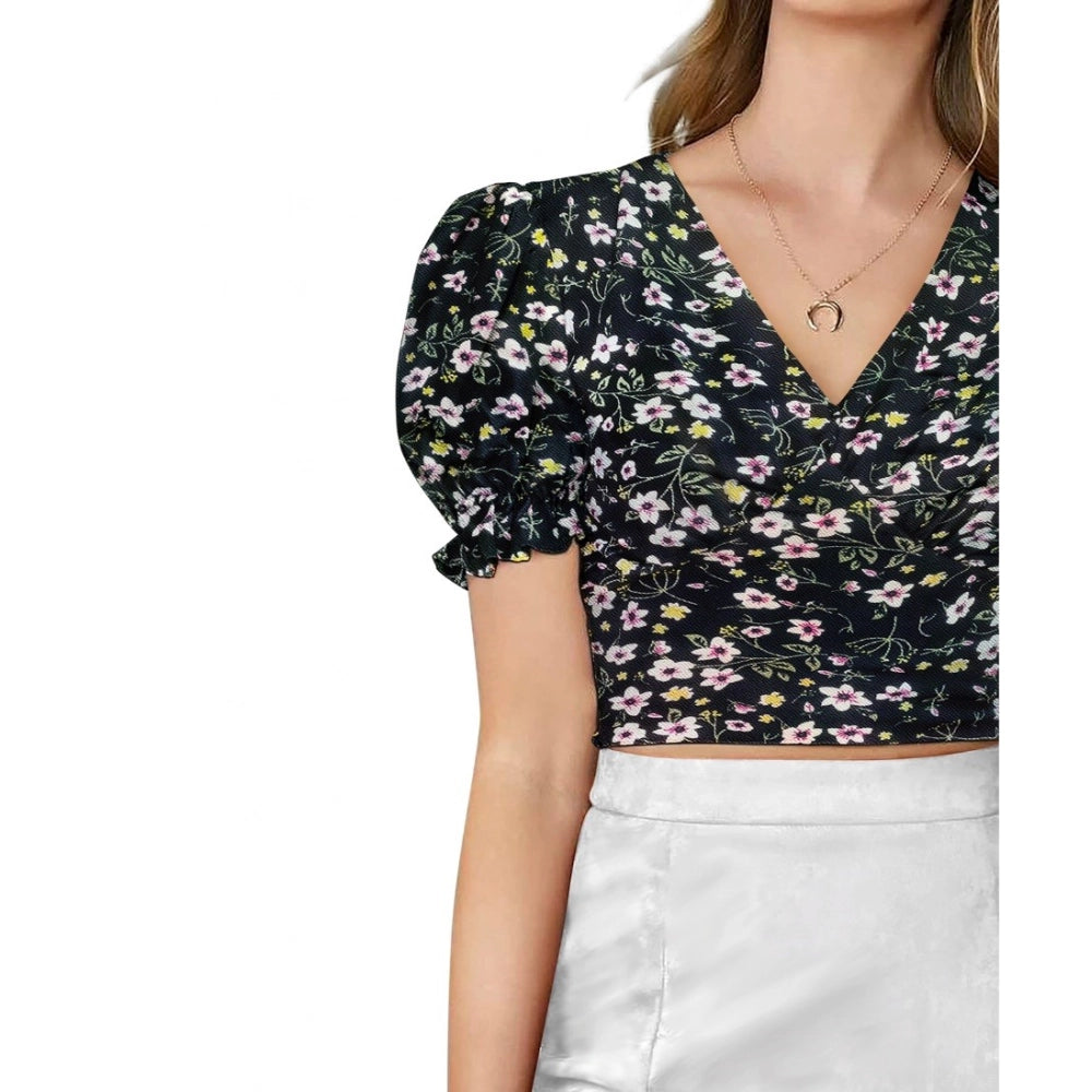 Indoraa Women's Knitting Printed V-Neck Puff Sleeve Tops (Black)