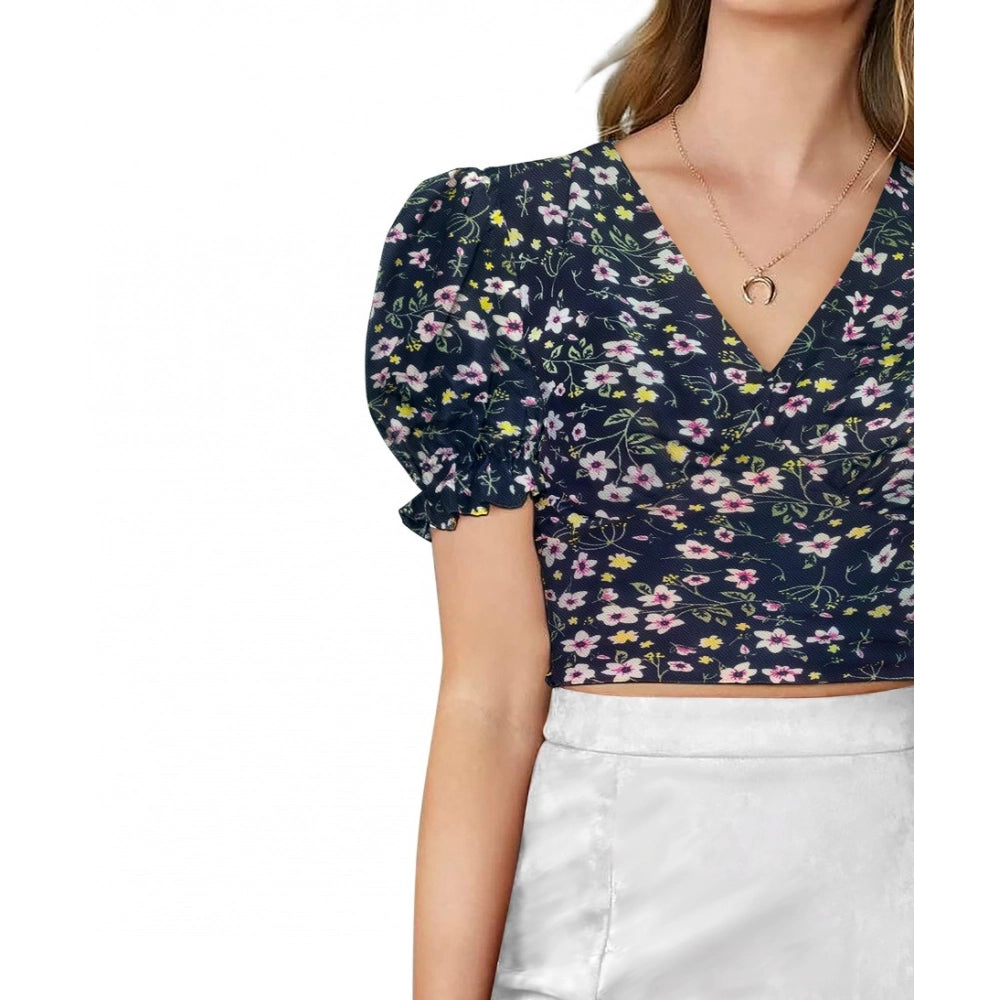 Indoraa Women's Knitting Printed V-Neck Puff Sleeve Tops (Navy Blue)