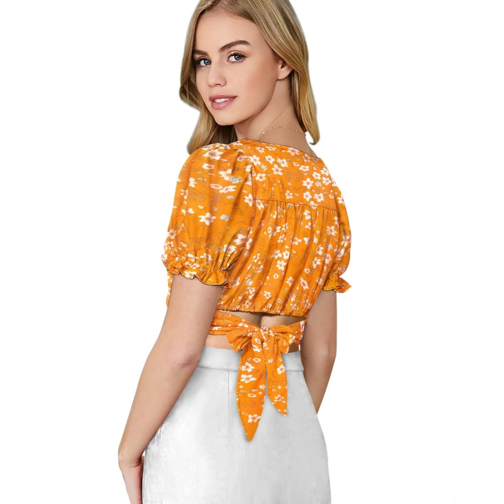 Indoraa Women's Knitting Printed V-Neck Puff Sleeve Tops (Yellow)