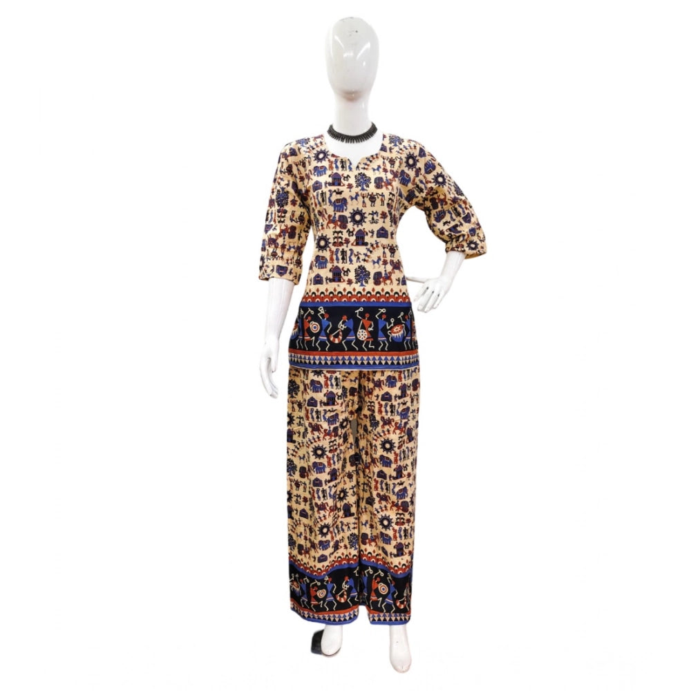 Indoraa Women's Cotton Jaipuri Printed 3-4th Sleeve Co ord Set (Multicolor)