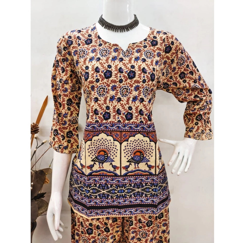 Indoraa Women's Cotton Jaipuri Printed 3-4th Sleeve Co ord Set (Multicolor)