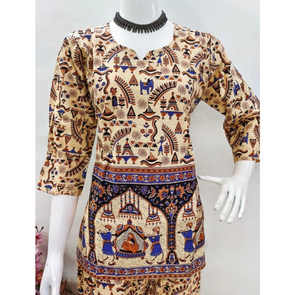 Indoraa Women's Cotton Jaipuri Printed 3-4th Sleeve Co ord Set (Multicolor)