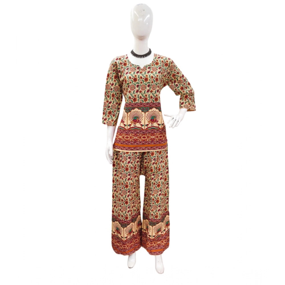 Indoraa Women's Cotton Jaipuri Printed 3-4th Sleeve Co ord Set (Multicolor)