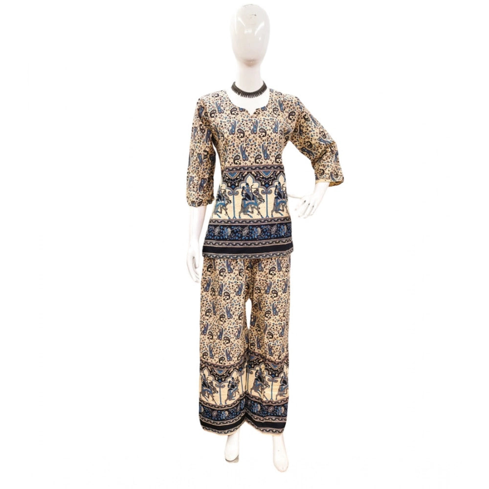 Indoraa Women's Cotton Jaipuri Printed 3-4th Sleeve Co ord Set (Multicolor)
