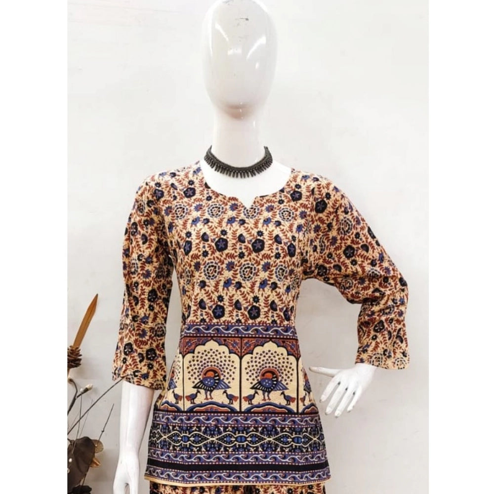 Indoraa Women's Cotton Jaipuri Printed 3-4th Sleeve Co ord Set (Multicolor)