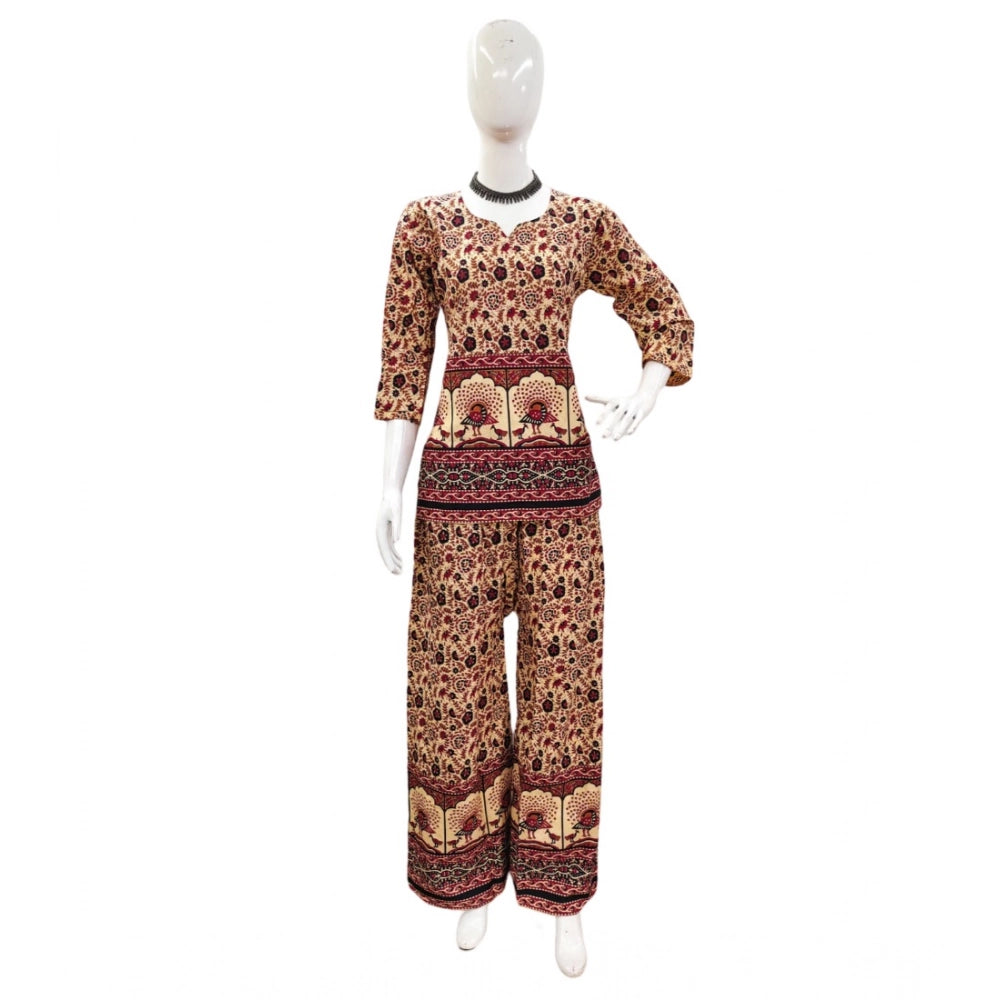 Indoraa Women's Cotton Jaipuri Printed 3-4th Sleeve Co ord Set (Multicolor)