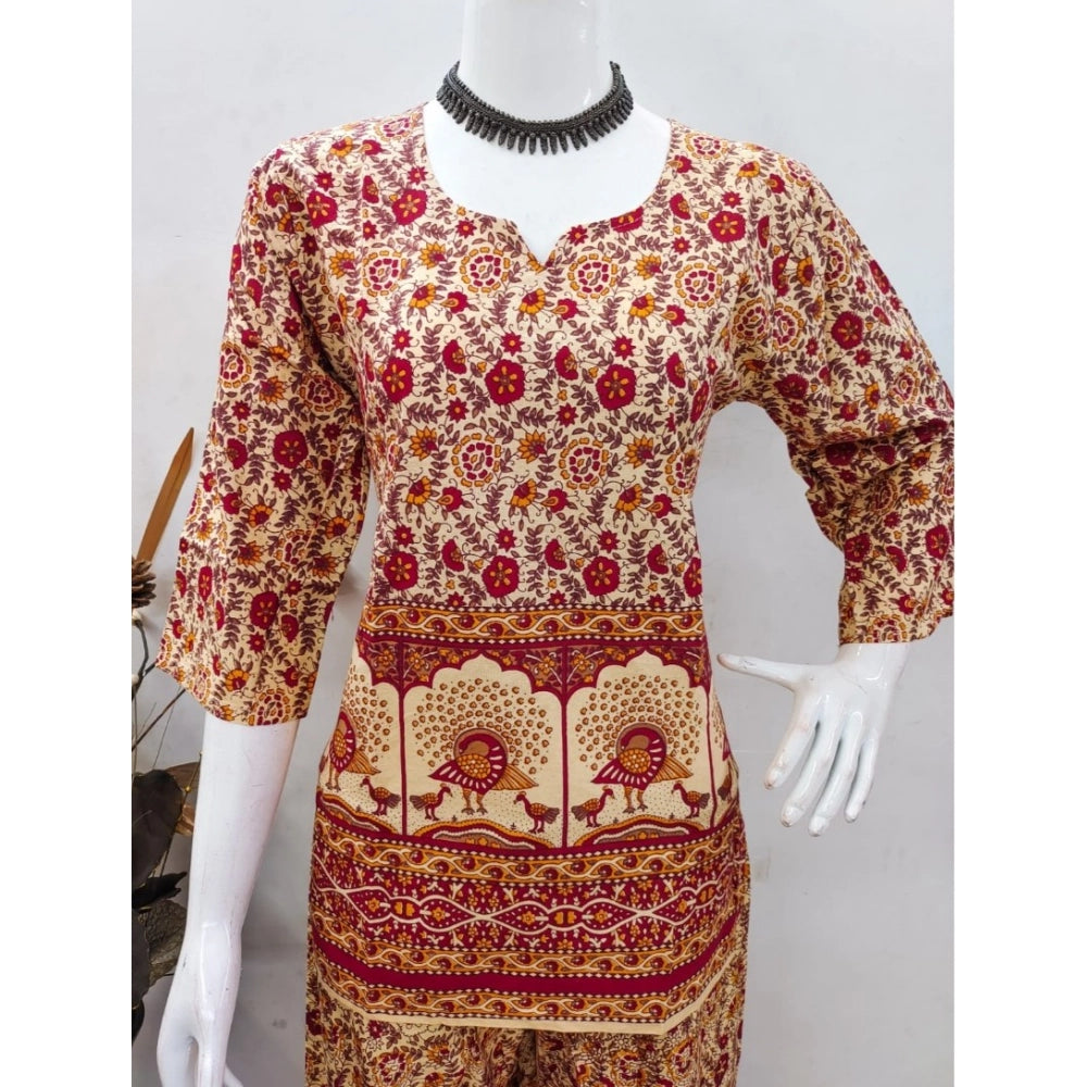 Indoraa Women's Cotton Jaipuri Printed 3-4th Sleeve Co ord Set (Multicolor)