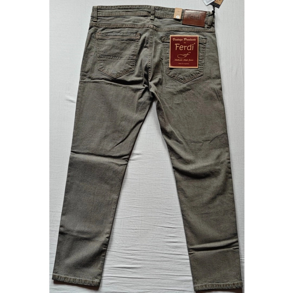 Indoraa Men's Cotton Blended Solid Tapered Jeans (Khaki)