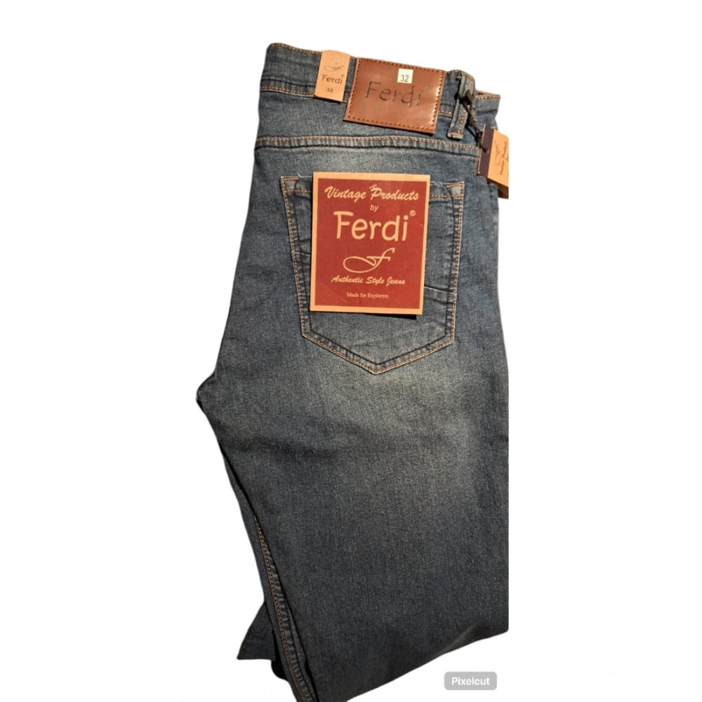 Indoraa Men's Cotton Blended Solid Tapered Jeans (Blue)