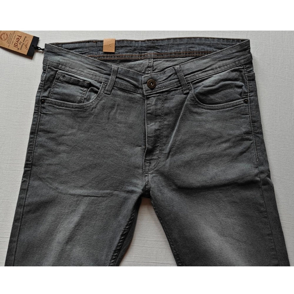 Indoraa Men's Cotton Blended Solid Tapered Jeans (Grey)