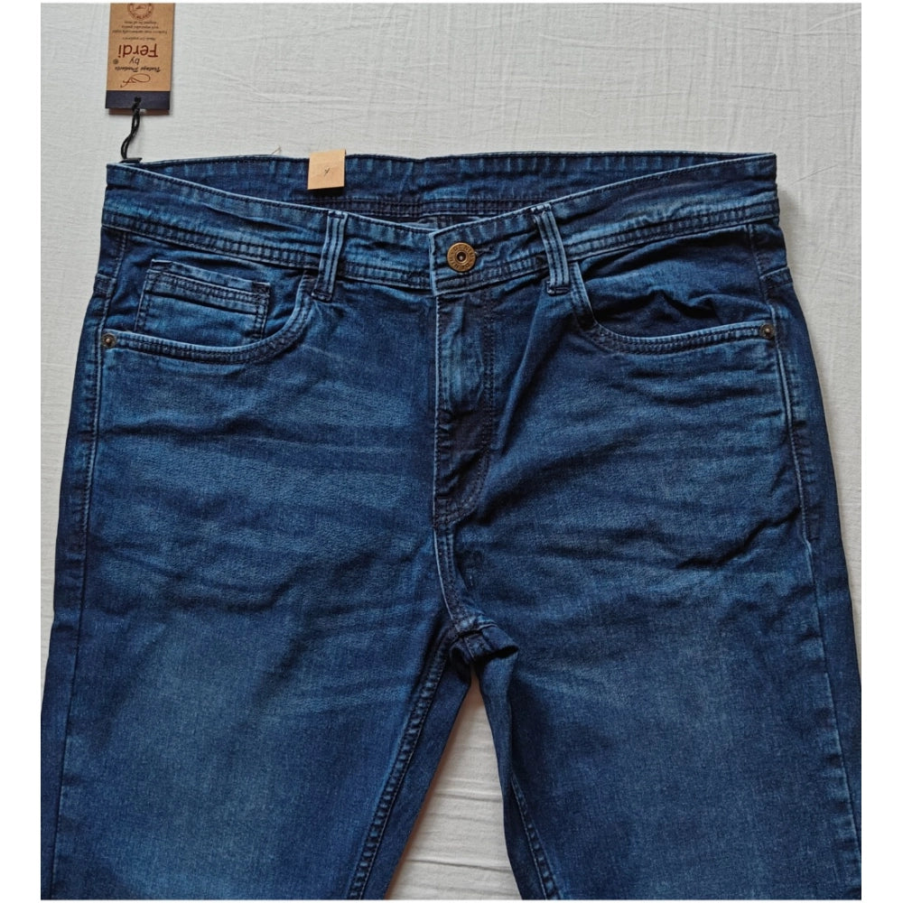 Indoraa Men's Cotton Blended Solid Tapered Jeans (Blue)