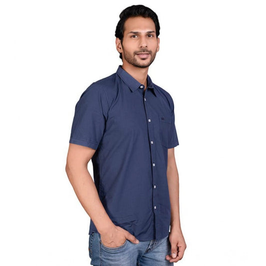 Indoraa Men's Casual Cotton Half Sleeve Solid Shirt (Navy)