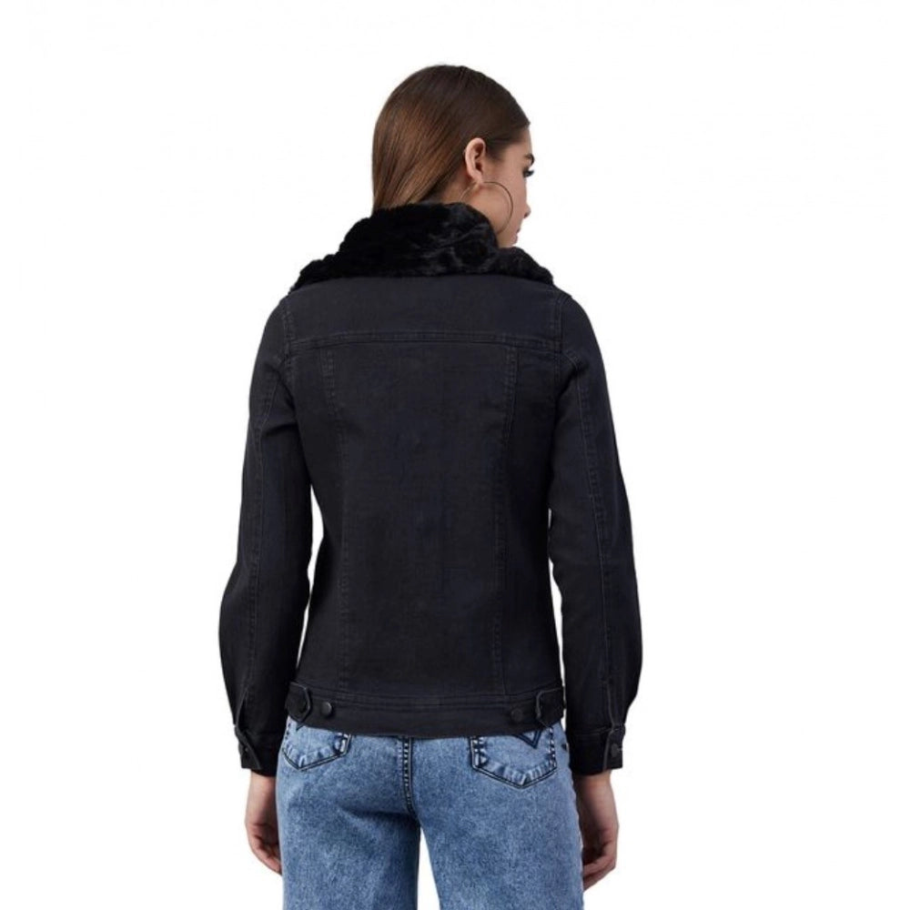 Indoraa Women's Denim & Faux Fur Washed Long Sleeve Jacket (Black)