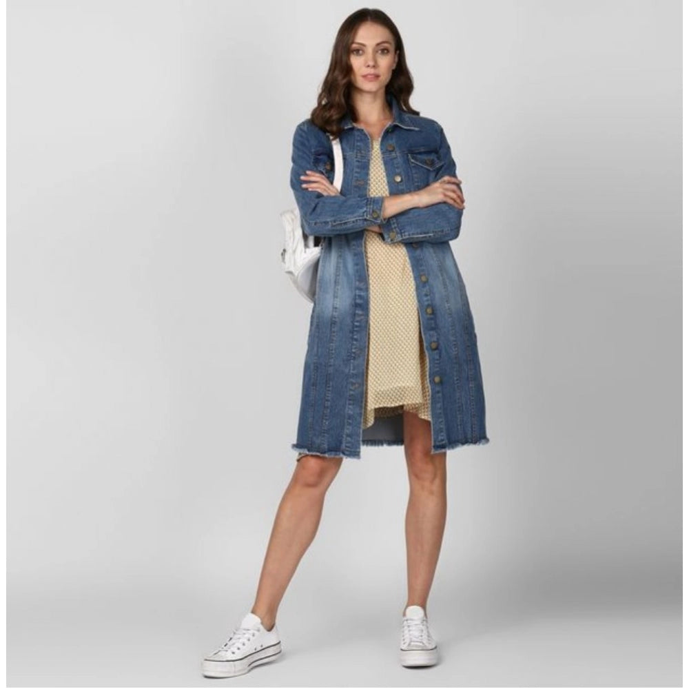 Indoraa Women's Denim Washed Long Sleeve Jacket (Blue)