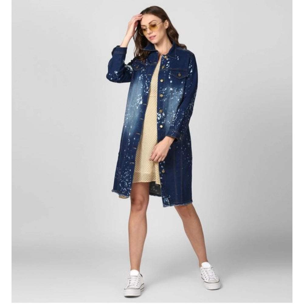Indoraa Women's Denim Washed Long Sleeve Jacket (Blue)