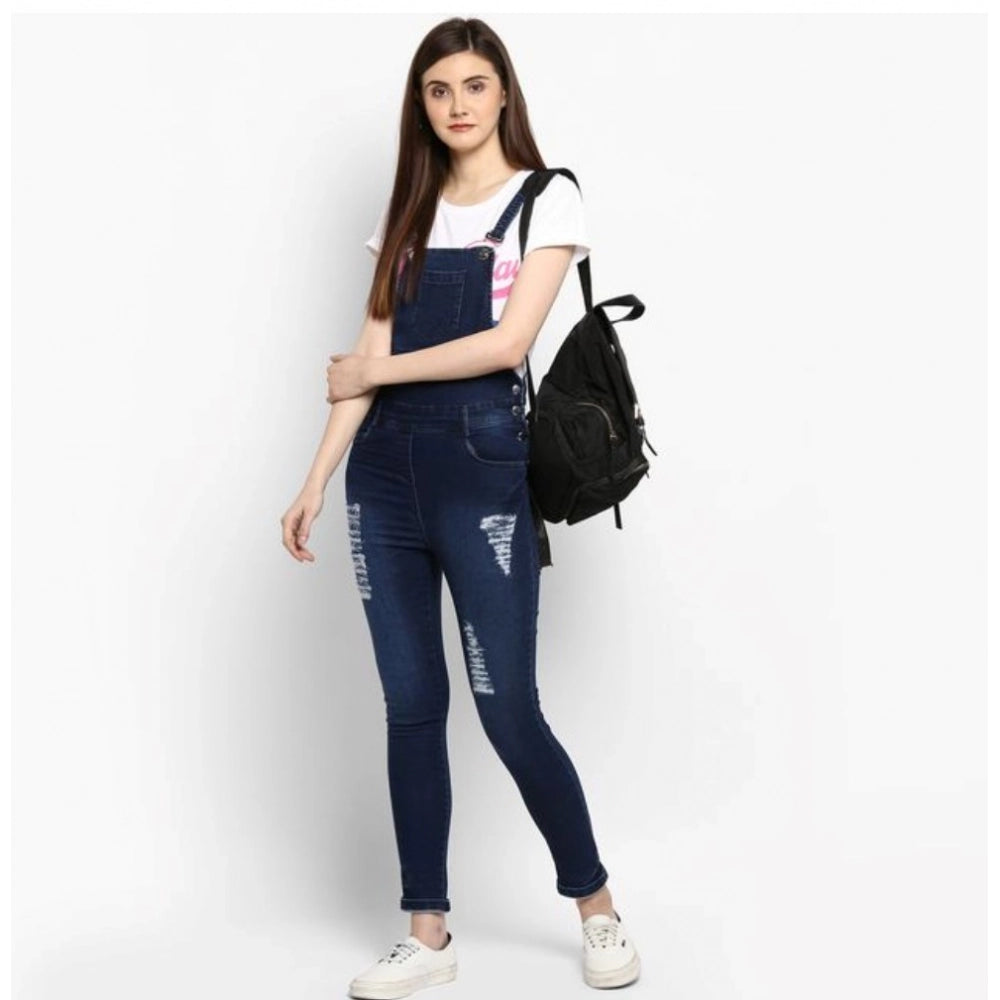Indoraa Women's Denim Solid Dungaree Pant (Blue)