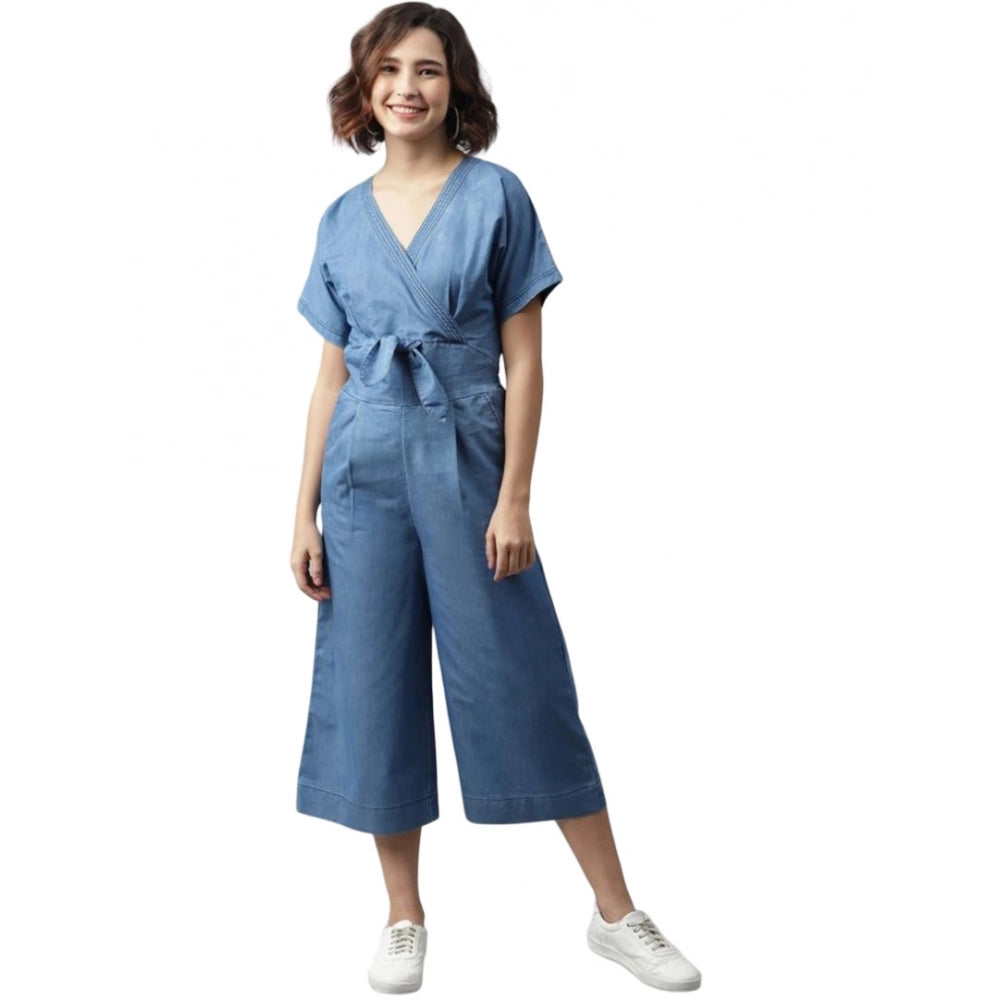 Indoraa Women's Denim Solid Half Sleeve Jumpsuit (Blue)