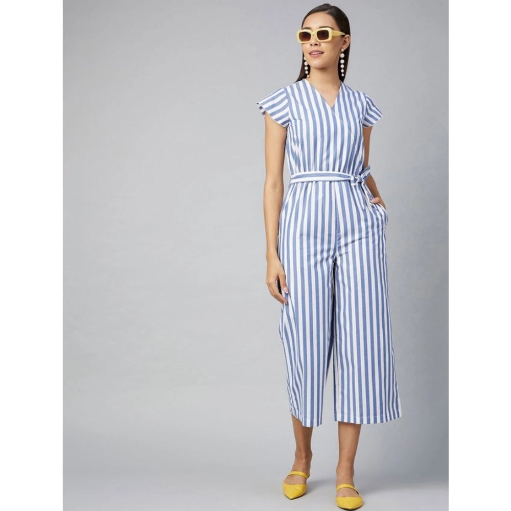 Indoraa Women's Cotton-Polyester Blend Striped Short Sleeve Jumpsuit (Blue)