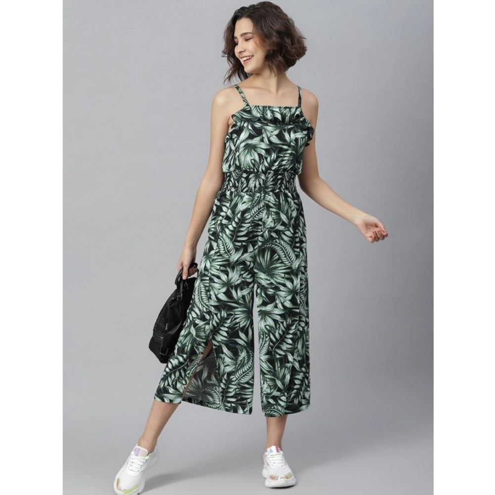Indoraa Women's Polyester Printed Shoulder Straps Jumpsuit (Black - Green)
