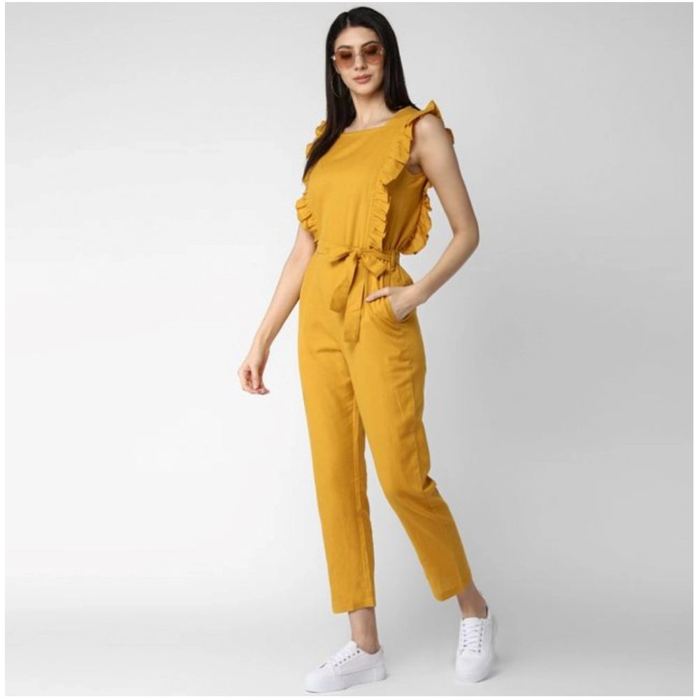 Indoraa Women's Cotton Linen Solid Sleeveless Jumpsuit (Yellow)
