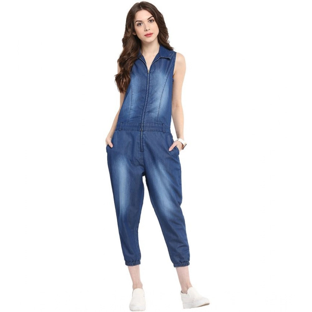 Indoraa Women's Denim Solid Sleeveless Jumpsuit (Blue)