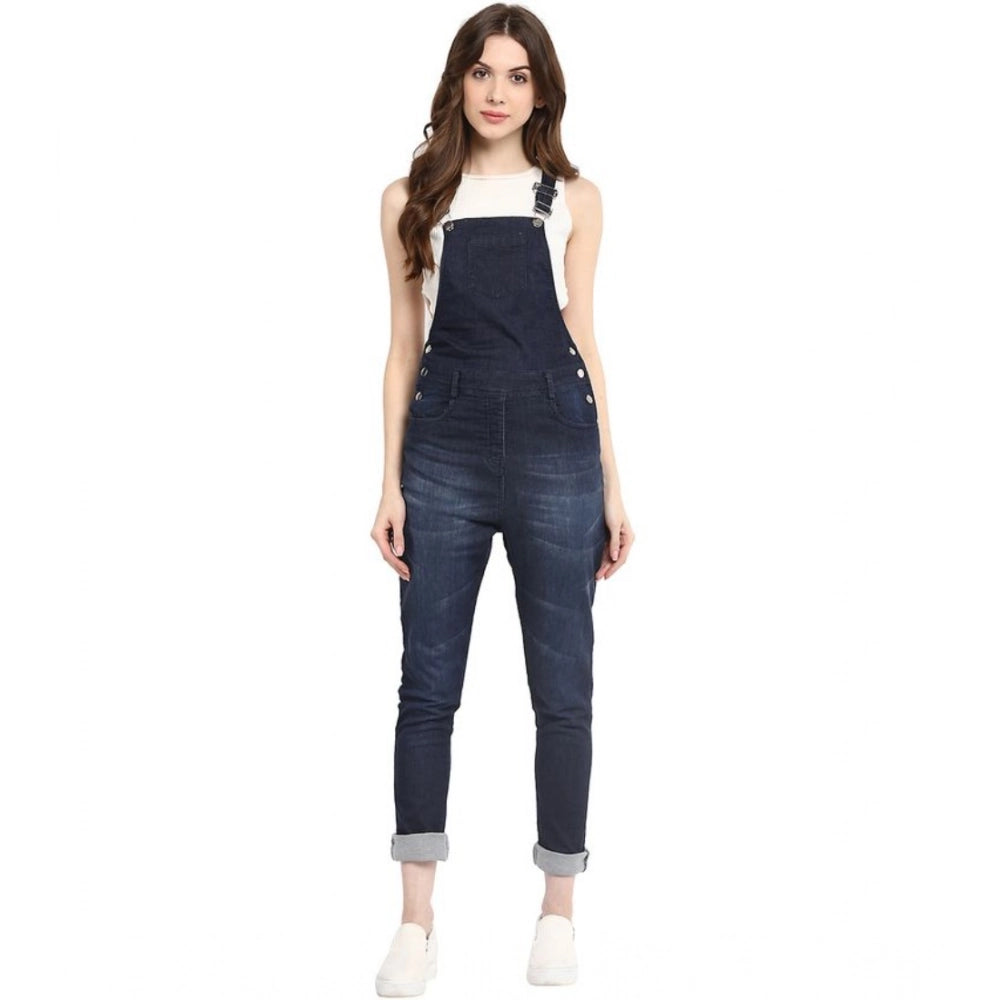 Indoraa Women's Denim Solid Dungaree Pant (Blue)