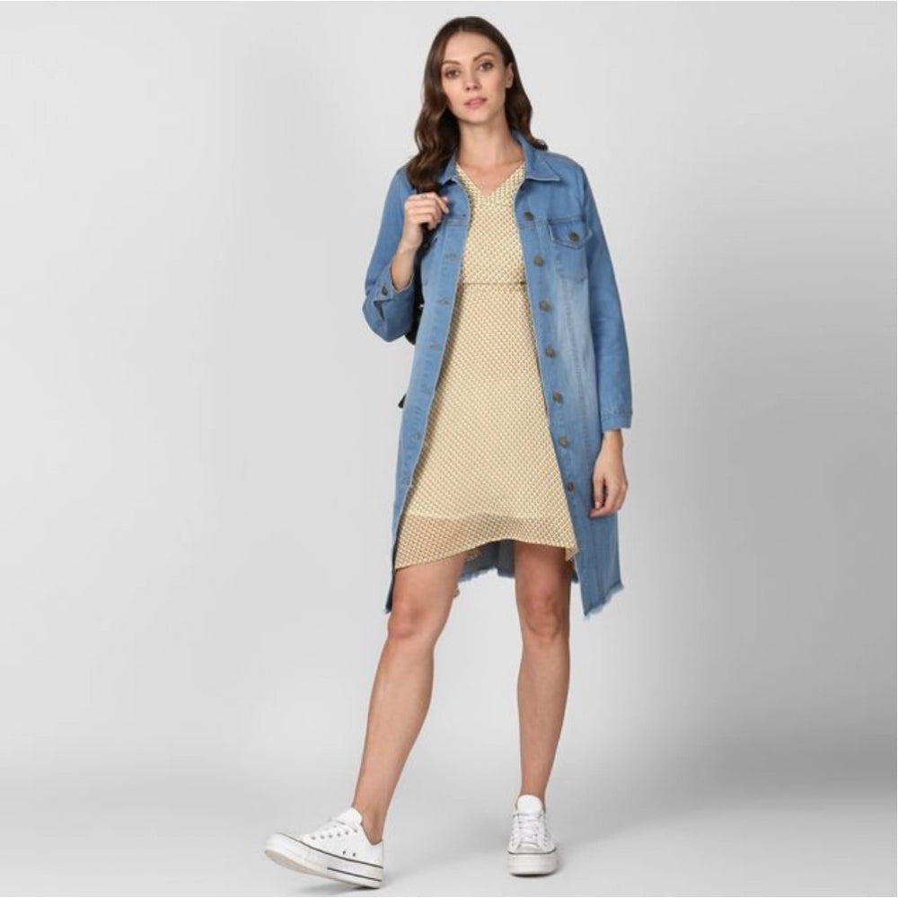 Indoraa Women's Denim Washed Long Sleeve Jacket (Blue)