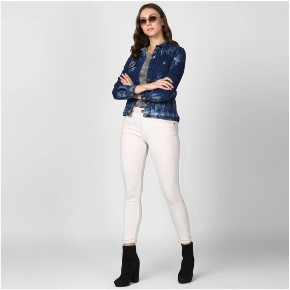 Indoraa Women's Denim Washed Long Sleeve Jacket (Blue)