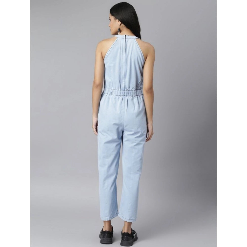 Indoraa Women's Denim Self Design Sleeveless Jumpsuit (Blue)
