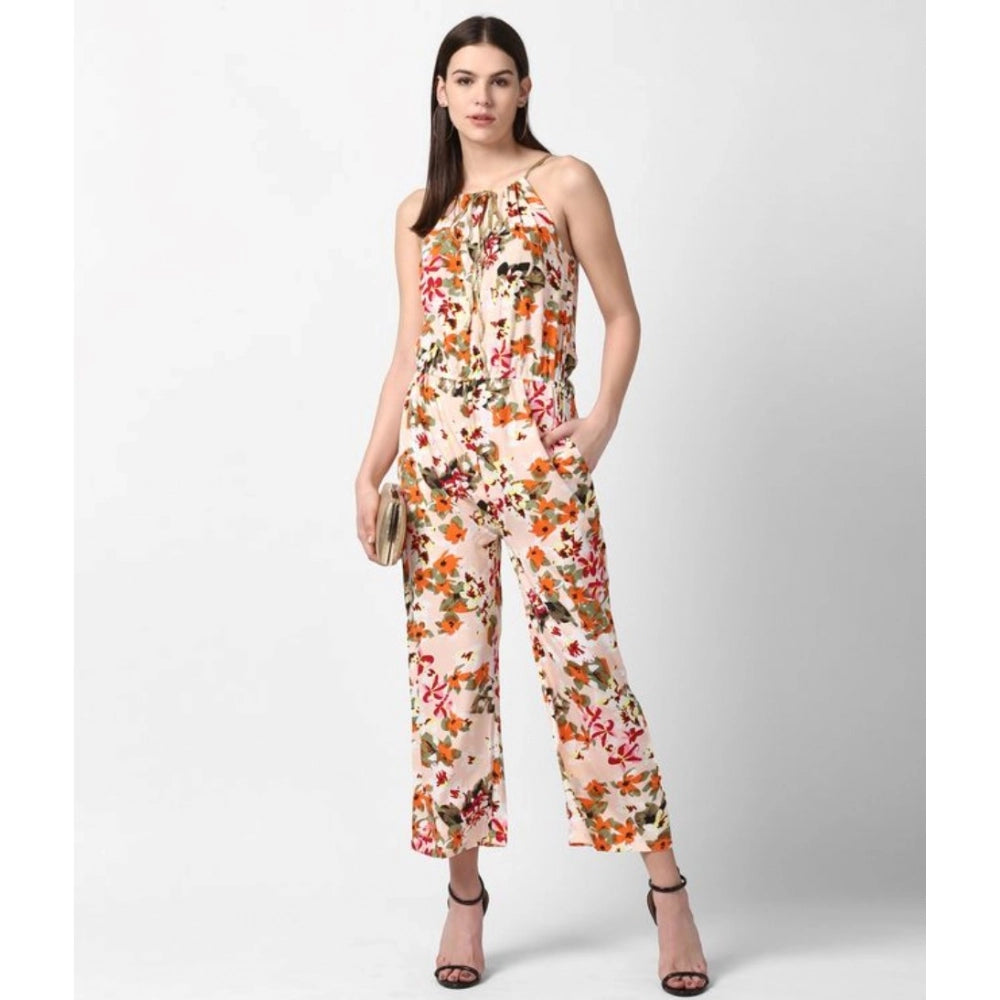 Indoraa Women's Polyester Floral Halter Jumpsuit (Peach)