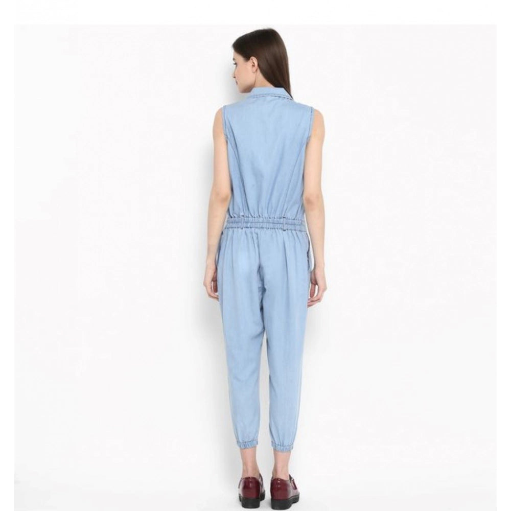 Indoraa Women's Denim Solid Sleeveless Jumpsuit (Blue)