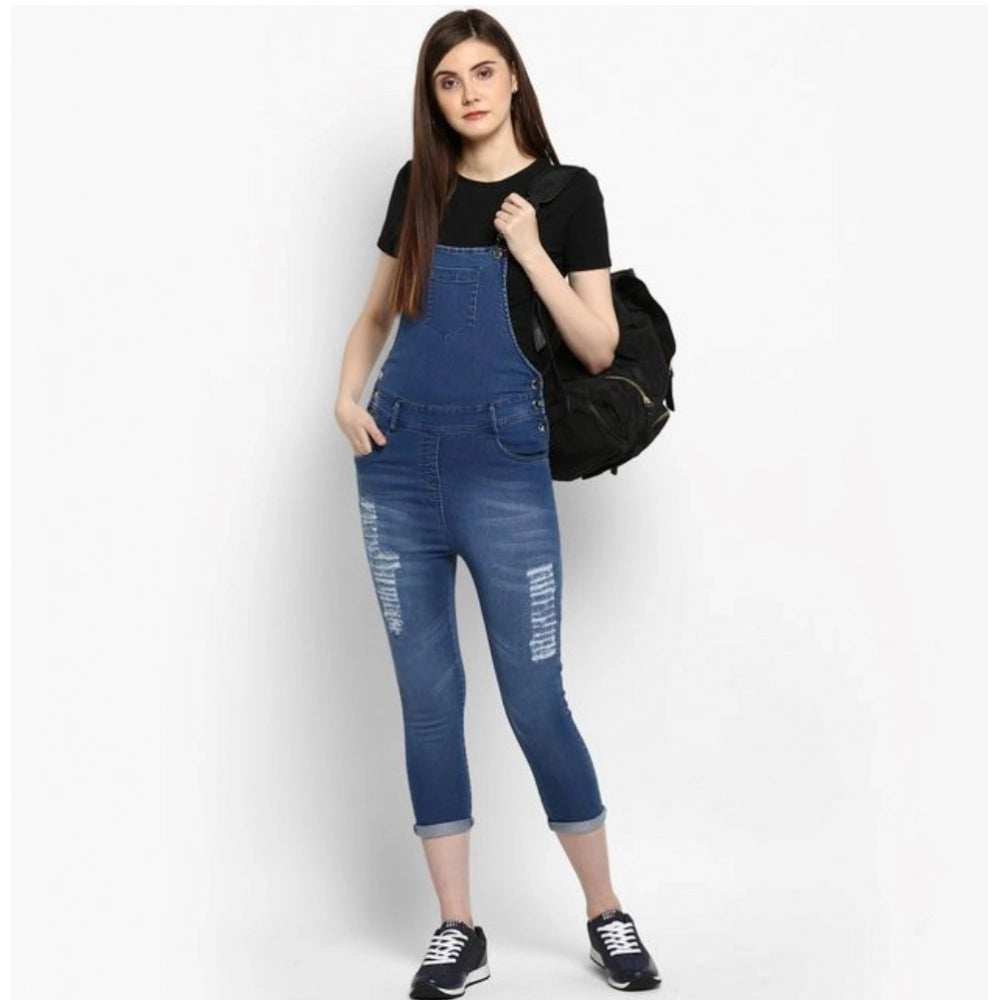 Indoraa Women's Denim Solid Dungaree Pant (Blue)