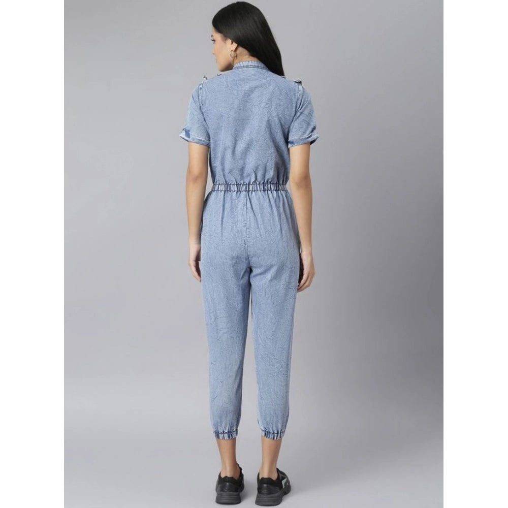 Indoraa Women's Denim Self Design Tie Ups Jumpsuit (Blue)
