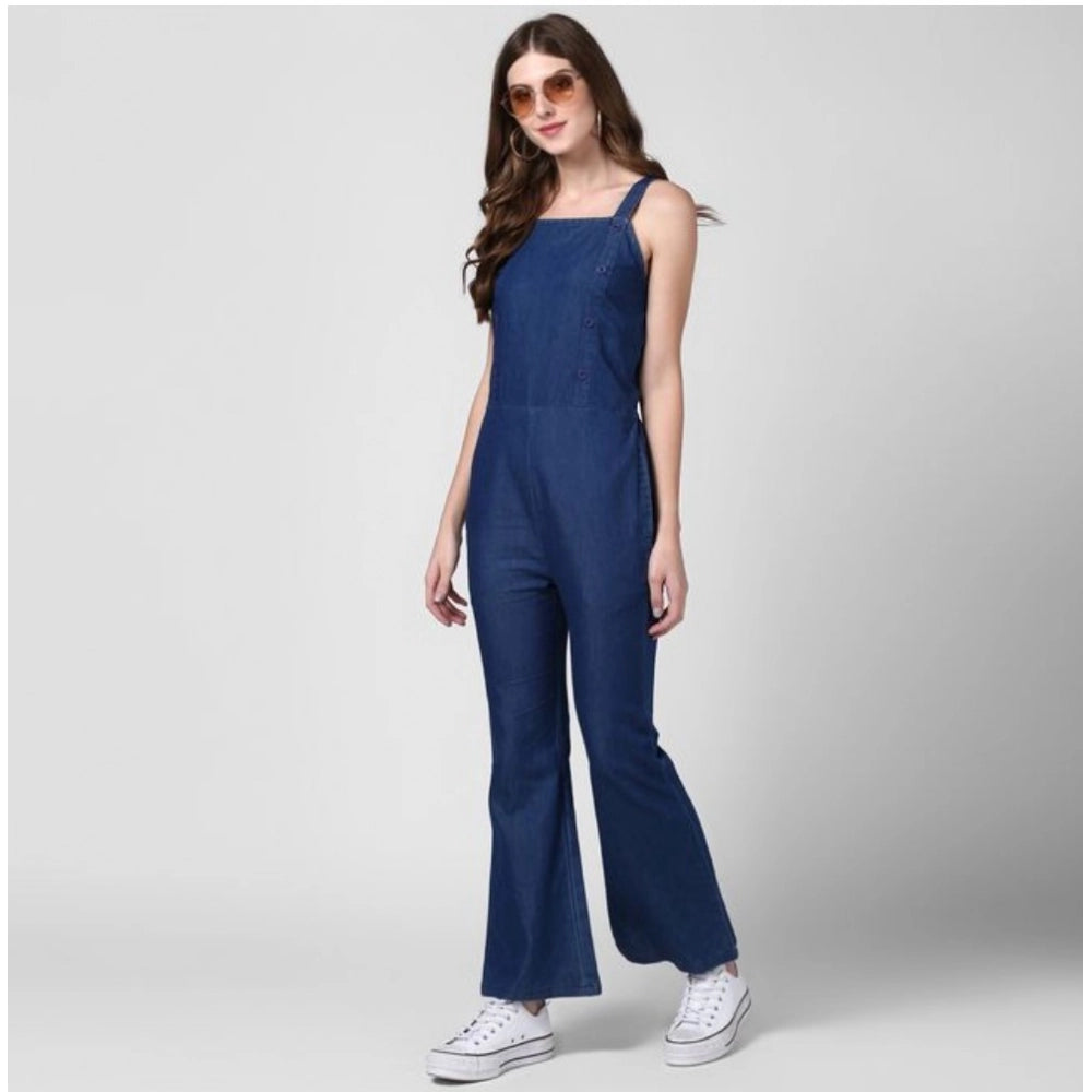 Indoraa Women's Denim Solid Shoulder Straps Jumpsuit (Blue)