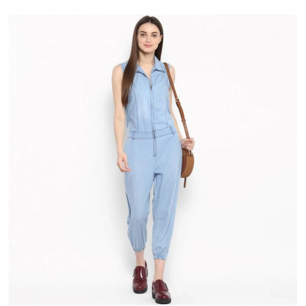 Indoraa Women's Denim Solid Sleeveless Jumpsuit (Blue)