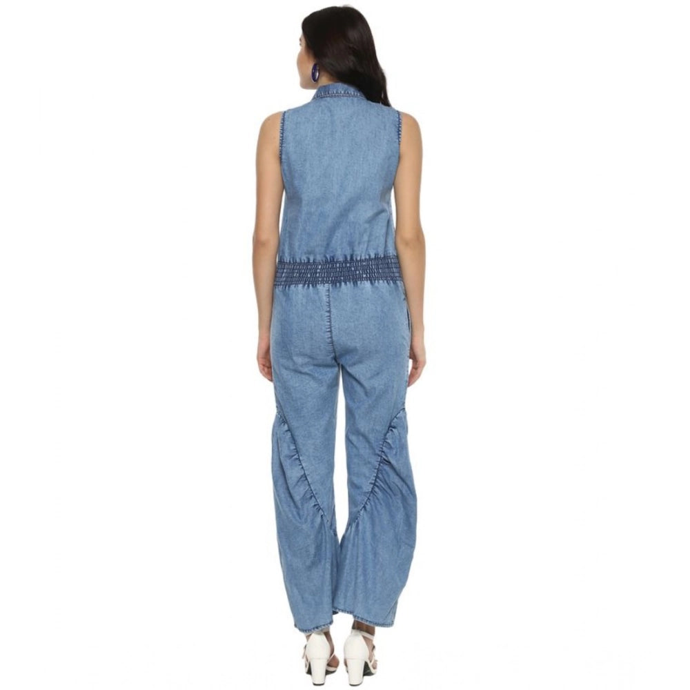 Indoraa Women's Denim Solid Sleeveless Jumpsuit (Blue)