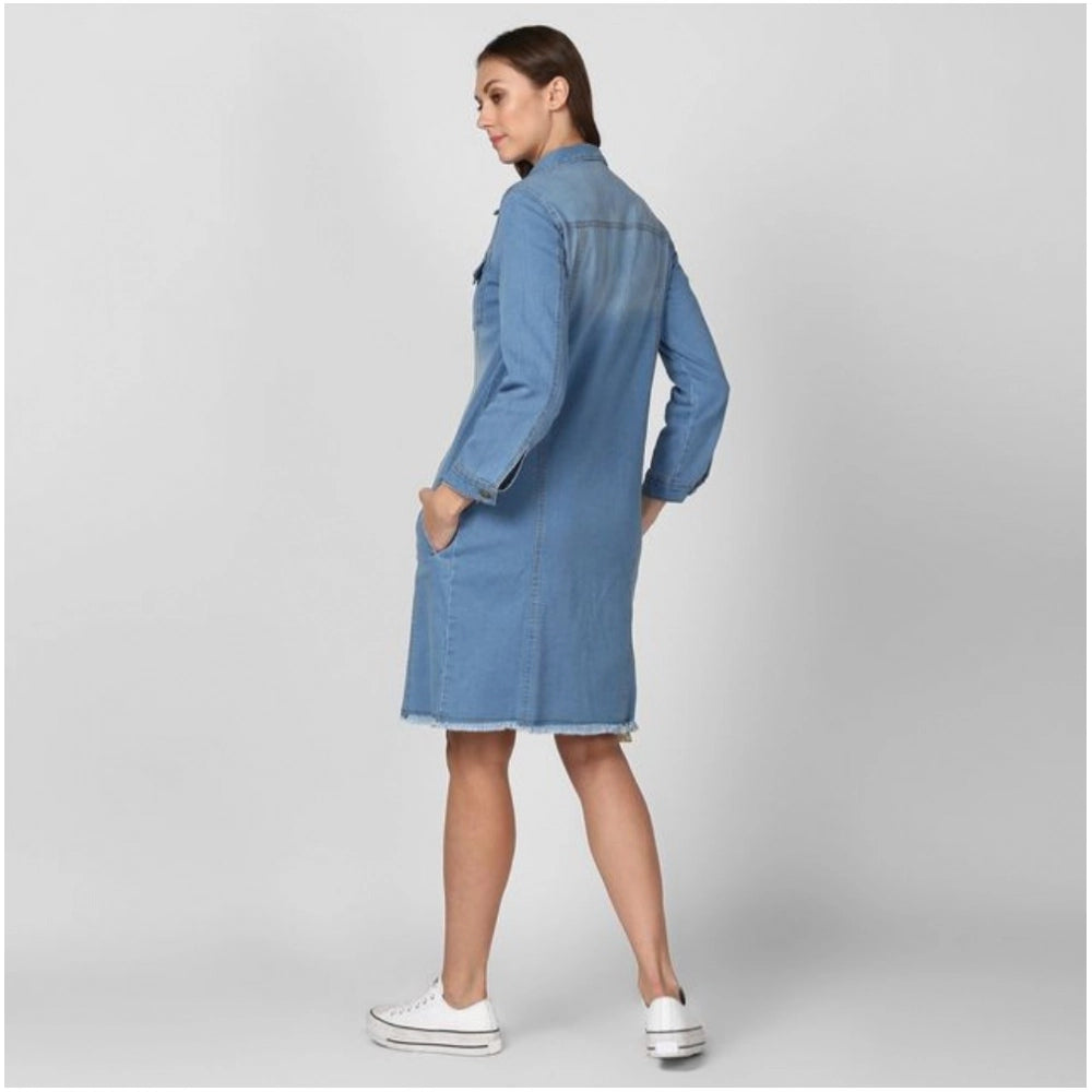 Indoraa Women's Denim Washed Long Sleeve Jacket (Blue)