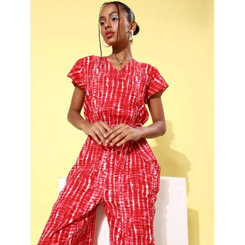 Indoraa Women's Rayon Tie & Dye Short Sleeve Jumpsuit (Red)