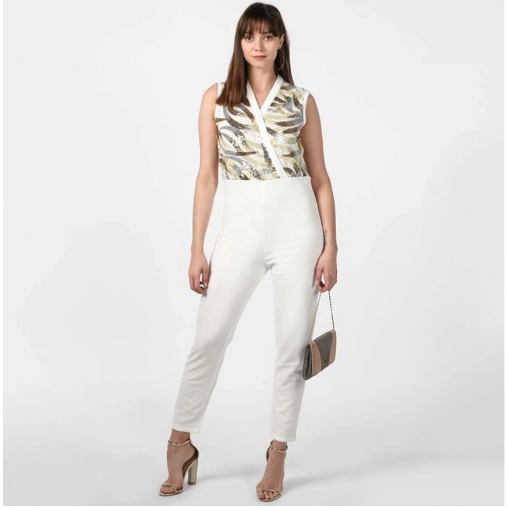 Indoraa Women's Polyester Embellished Sleeveless Jumpsuit (White)