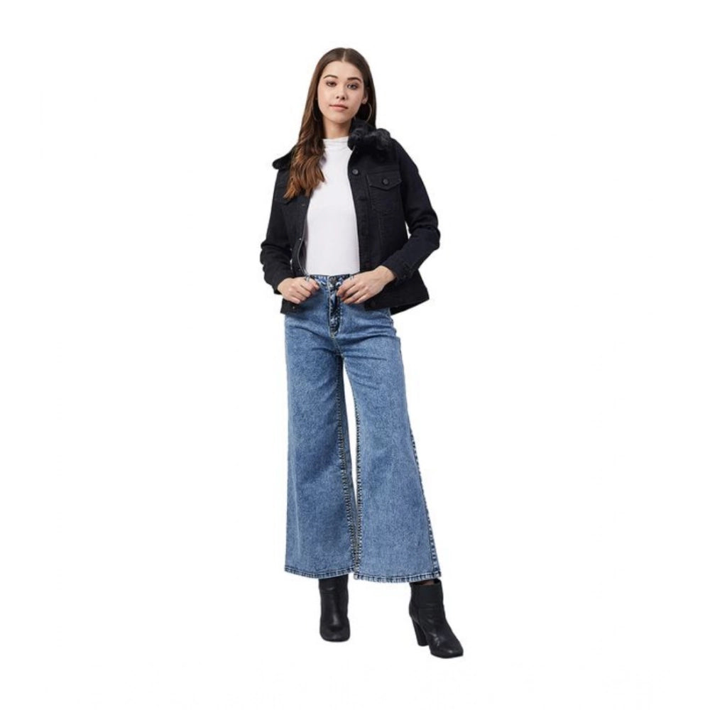 Indoraa Women's Denim & Faux Fur Washed Long Sleeve Jacket (Black)