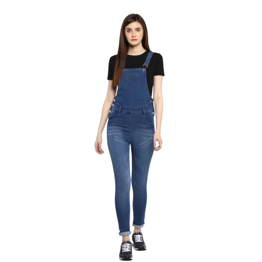 Indoraa Women's Denim Solid Dungaree Pant (Blue)