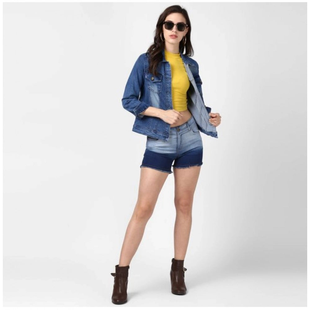 Indoraa Women's Denim Hand Painted Long Sleeve Jacket (Blue)