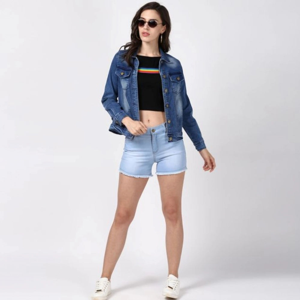 Indoraa Women's Denim Hand Painted Long Sleeve Jacket (Blue)