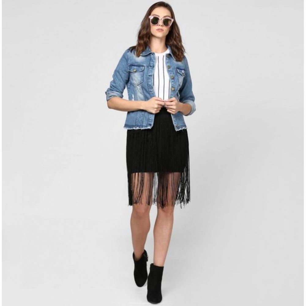 Indoraa Women's Denim Distressed Long Sleeve Jacket (Blue)