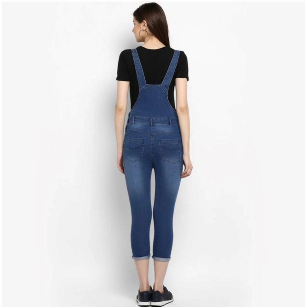 Indoraa Women's Denim Solid Dungaree Pant (Blue)