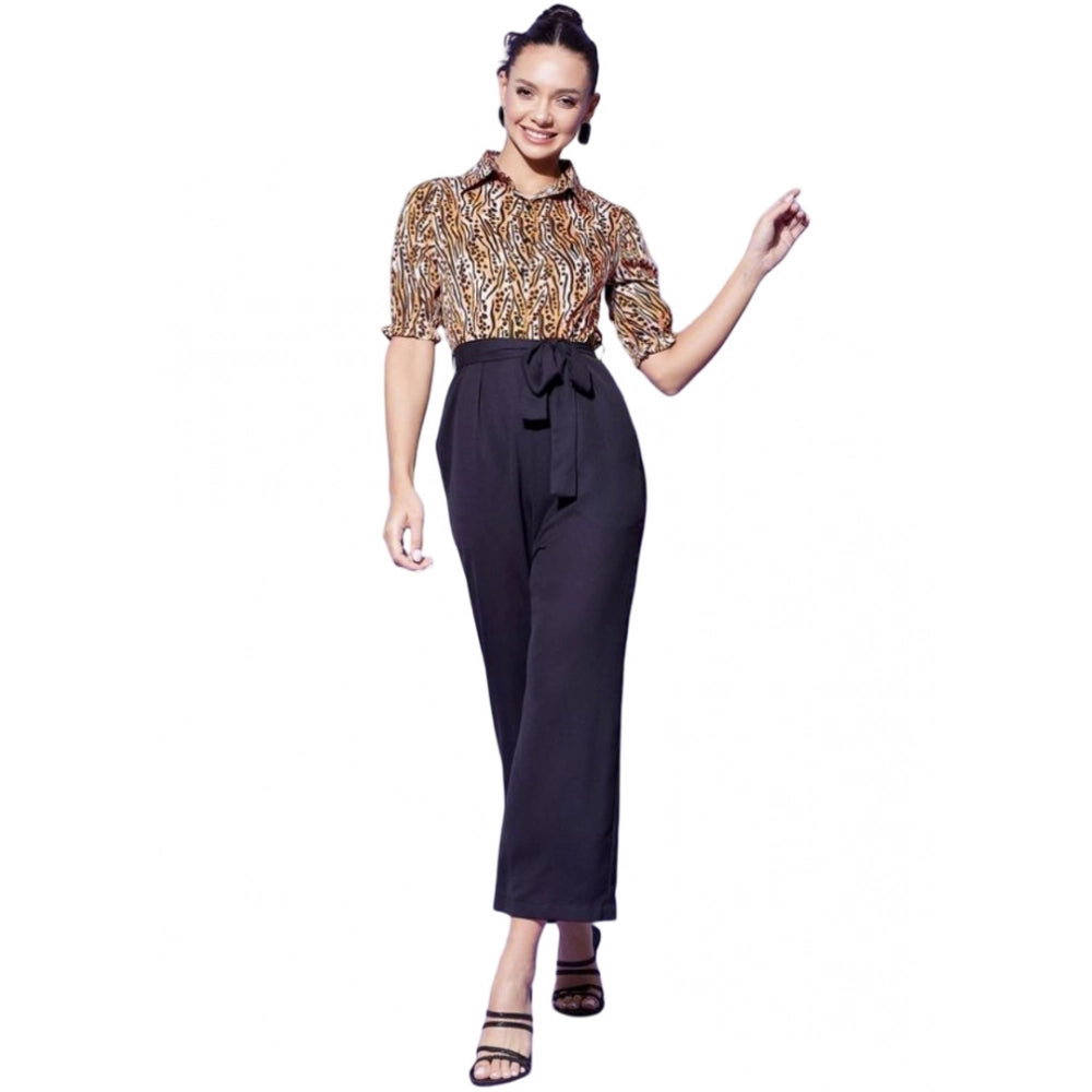 Indoraa Women's Polyester Animal Print Half Sleeve Jumpsuit (Orange - Black)